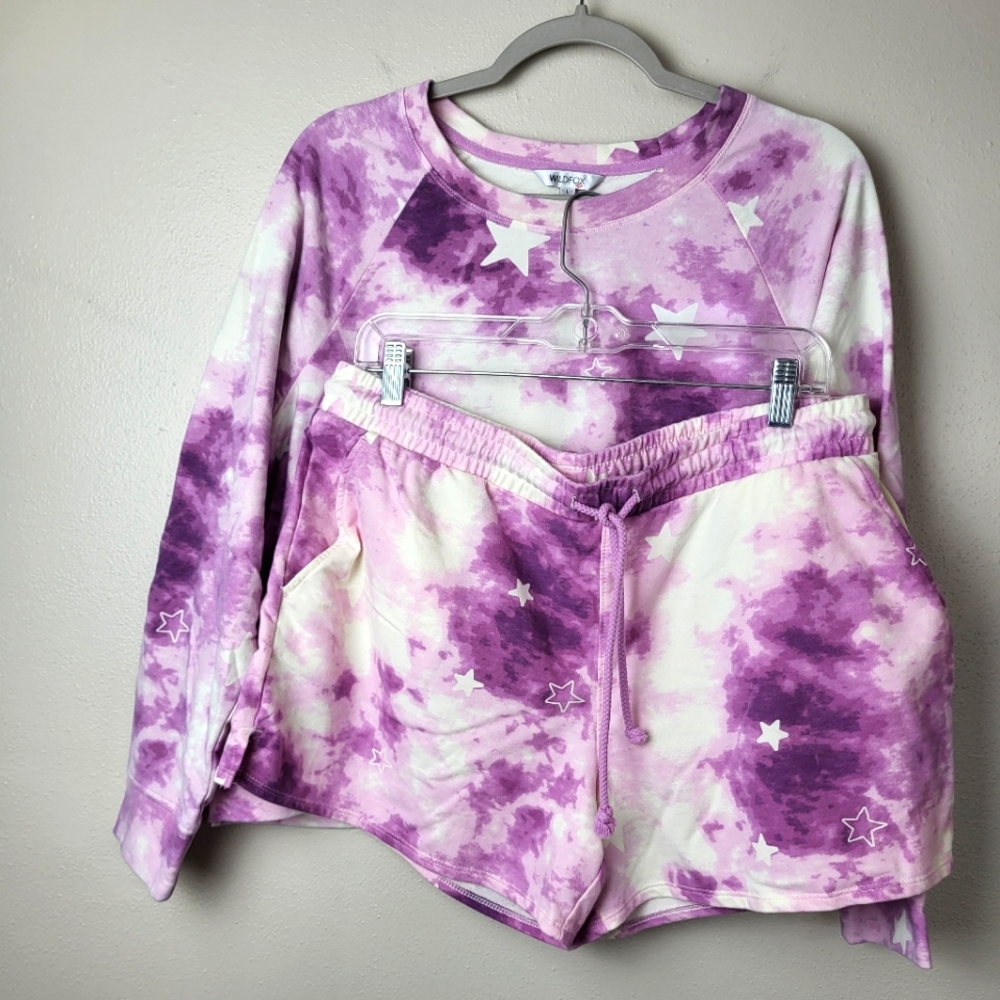 Wildfox‎ 2 Piece Lounge Set Sweatshirt & Shorts Tie Dye Stars Purple Size Large